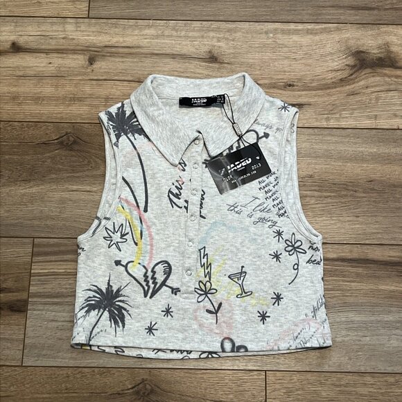 Jaded London Doodle Graffiti Rib Halter Top SZ 8 Gray Crop Collared Stretch Tank - Picture 1 of 7